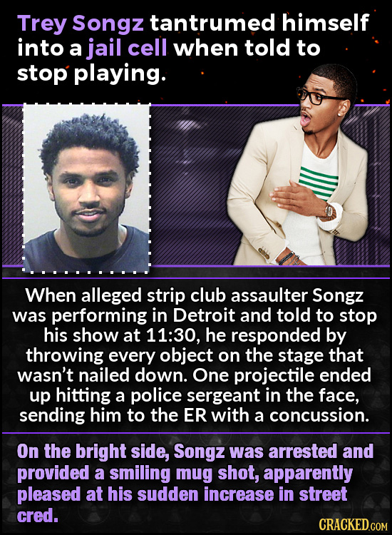 Trey Songz tantrumed himself into a jail cell when told to stop playing. When alleged strip club assaulter Songz was performing in Detroit and told to