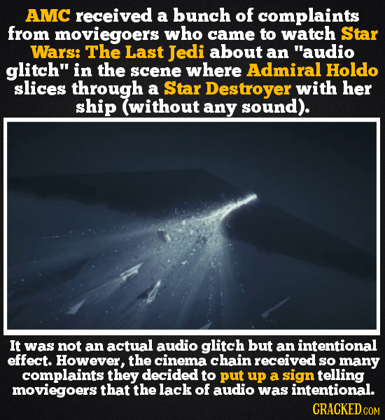 AMC received a bunch of complaints from moviegoers who came to watch Star Wars: The Last Jedi about an audio glitch in the scene where Admiral Holdo