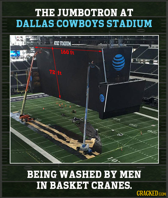 THE JUMBOTRON AT DALLAS COWBOYS STADIUM ATT STADIUM 160 Ft 72 ft BEING WASHED BY MEN IN BASKET CRANES. CRACKEDCO