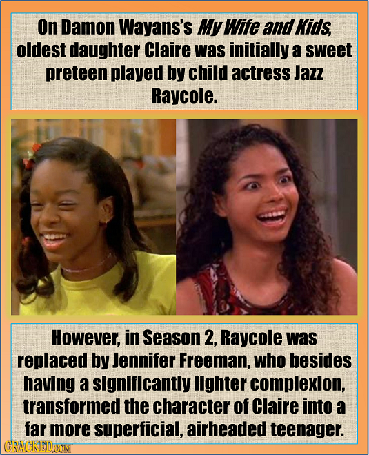 On Damon Wayans's My Wife and Kids, oldest daughter Claire was initially a sweet preteen played by child actress Jazz Raycole. However, in Season 2, R