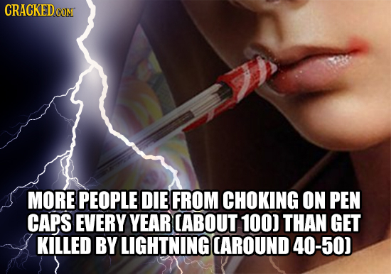 CRACKEDCO CONT MORE PEOPLE DIE FROM CHOKING ON PEN CAPS EVERY YEAR CABOUT 100) THAN GET KILLED BY LIGHTNING CAROUND 40-50)