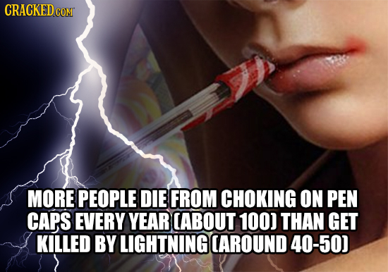 CRACKEDCO CONT MORE PEOPLE DIE FROM CHOKING ON PEN CAPS EVERY YEAR CABOUT 100) THAN GET KILLED BY LIGHTNING CAROUND 40-50) 