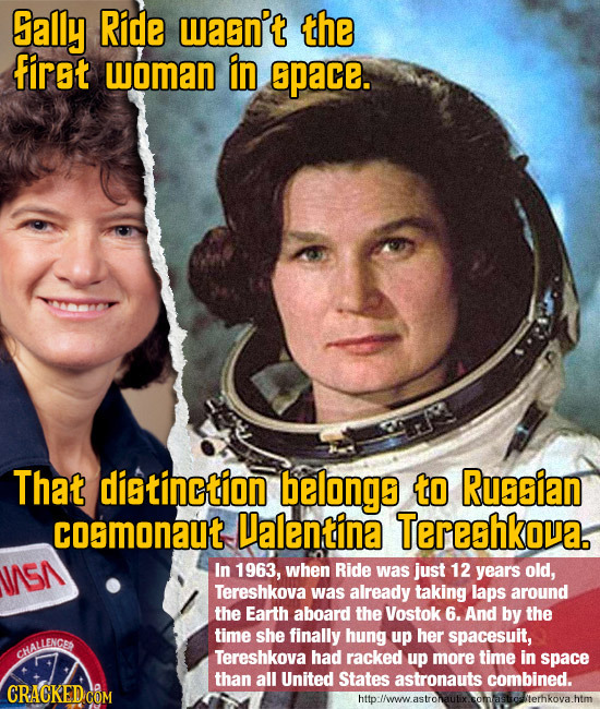 ally Ride wasn't the first woman in pace. That distinction belong to Rugsian comonaut alentina Tereshkova. ISA In 1963, when Ride was just 12 years ol