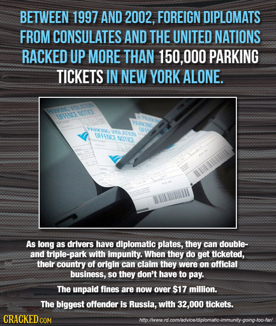BETWEEN 1997 AND 2002, FOREIGN DIPLOMATS FROM CONSULATES AND THE UNITED NATIONS RACKED UP MORE THAN 150, 000 PARKING TICKETS IN NEW YORK ALONE. OFFESE