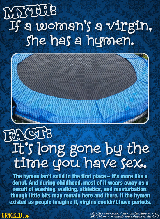 MYTH8 If a woran's a virgin, shee has a hyrnen. FACT8 It's long gone by the tire you have Sex. The hymen isn't solid in the first place - it's more li