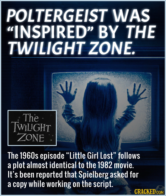 POLTERGEIST WAS INSPIRED BY THE TWILIGHT ZONE. The TWILGHT ZONE The 1960s episode Little Girl Lost follows a plot almost identical to the 1982 mov