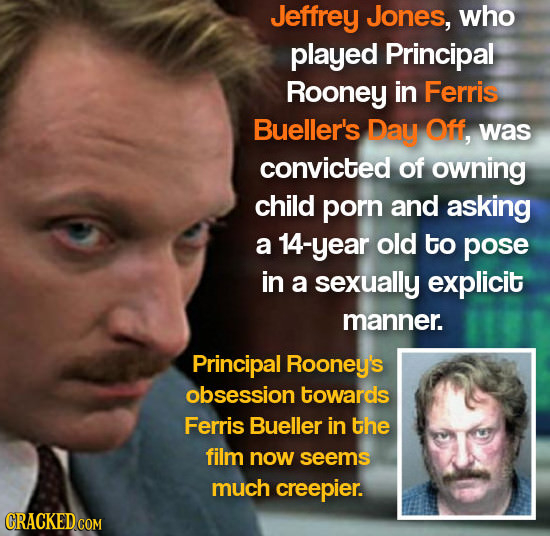 Jeffrey Jones, who played Principal Rooney in Ferris Bueller's Day Off, was convicted of owning child porn and asking a 14-year old to pose in a sexua