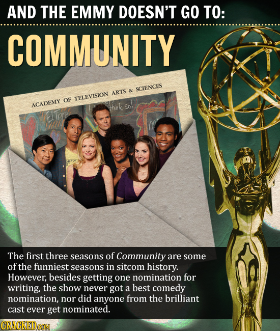 AND THE EMMY DOESN'T GO TO: COMMUNITY SCIENCES ARTS & OF TELEVISION ACADEMY shink So: EITe The first three seasons of Community are some of the funnie