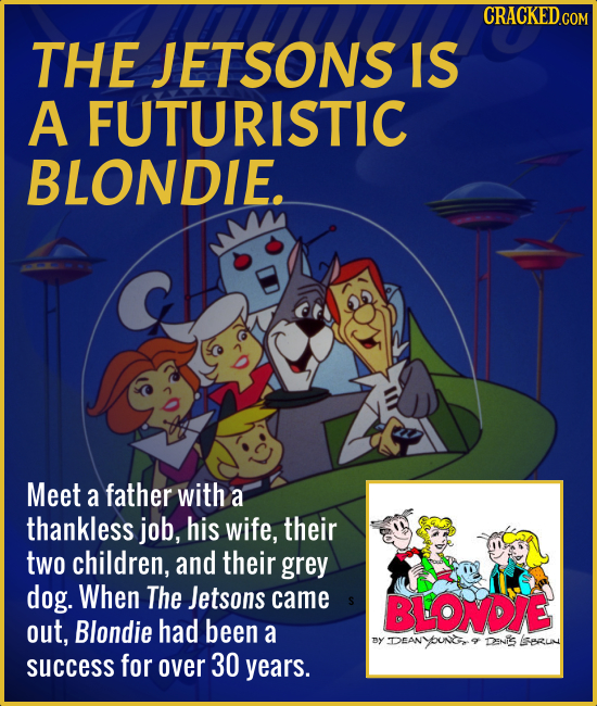 THE JETSONS IS A FUTURISTIC BLONDIE. Meet a father with a thankless job, his wife, their two children, and their grey dog. When The Jetsons came BLOND