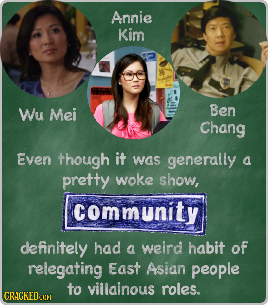 Annie Kim Wu Mei Ben Chang Even though it was generally a pretty woke show, community definitely had a weird habit of relegating East Asian people to