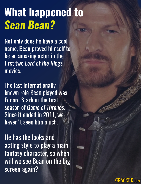 What happened to Sean Bean? Not only does he have a cool name, Bean proved himself to be an amazing actor in the first two Lord of the Rings movies. T