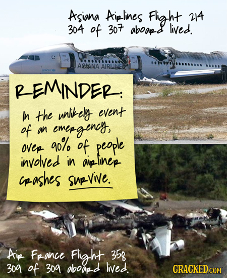 ASIANA Aiplines Flight 24 304 of 30 aboap-d lived. AHANA AIRLINE REMINDER: In the unlitely event of an emepgency, 4o% ovep of people involved in aipli