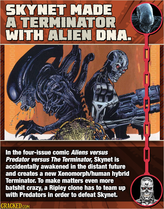SKYNET MADE A TERMINATOR WITH ALIEN DNA. In the four-issue comic Aliens versus Predator versus The Terminator, Skynet is accidentally awakened in thE