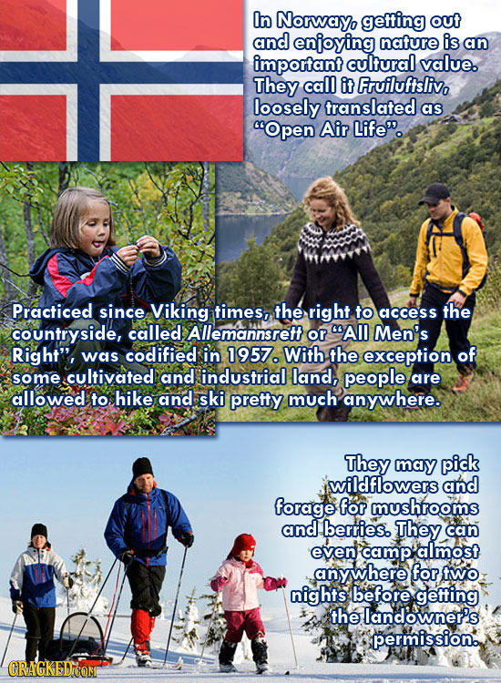 In Norwayo getting out and enioying nature is an important cultural value. They call it Fruiluftsliv loosely translated as O Open Air Life. Practice