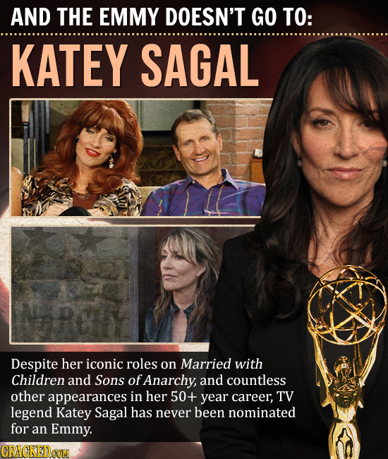 AND THE EMMY DOESN'T GO TO: KATEY SAGAL Despite her iconic roles on Married with Children and Sons of Anarchy, and countless other appearances in her