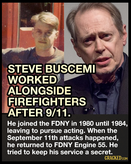 STEVE BUSCEMI WORKED ALONGSIDE FIREFIGHTERS AFTER 9/11. He joined the FDNY in 1980 until 1984, leaving to pursue acting. When the September 11th attac