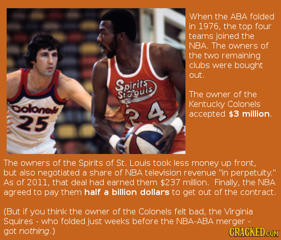 When the ABA folded in 1976, the top four teams joined the NBA. The owners of the two remaining clubs were bought out. Spirits Siouis The owner of the