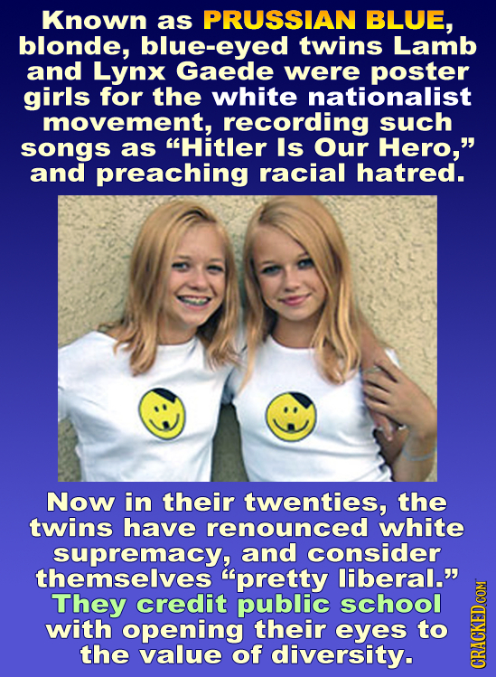Known as PRUSSIAN BLUE, blonde, blue-eyed twins Lamb and Lynx Gaede were poster girls for the white nationalist movement, recording such songs as Hit