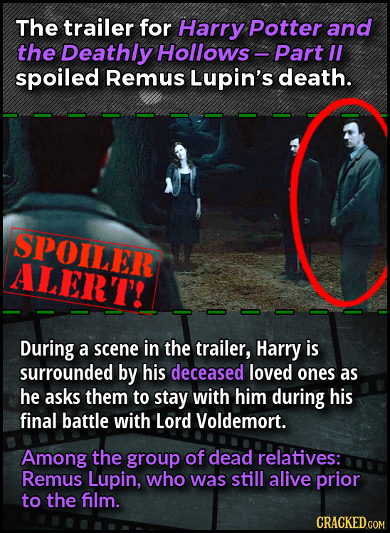 The trailer for Harry Potter and the Deathly Hollows- Part II spoiled Remus Lupin's death. SPOILER ALERT! During a scene in the trailer, Harry is surr