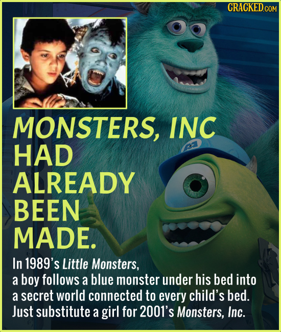 MONSTERS, INC HAD ALREADY BEEN MADE. In 1989's Little Monsters, a boy follows a blue monster under his bed into a secret world connected to every chil