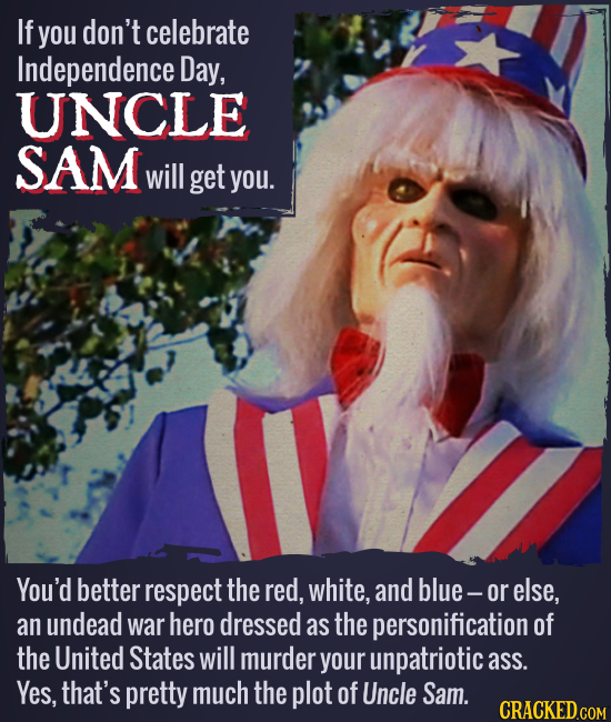 If you don't celebrate Independence Day, UNCLE SAM will get you. You'd better respect the red, white, and blue- or else, an undead war hero dressed as