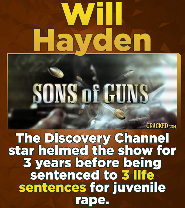 Will Hayden SONS of GUNS CRACKEDcO The Discovery Channel star helmed the show for 3 years before being sentenced to 3 life sentences for juvenile rape