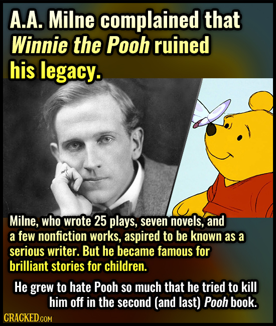 A.A. Milne complained that Winnie the Pooh ruined his legacy. Milne, who wrote 25 plays, seven novels, and a few nonfiction works, aspired to be known