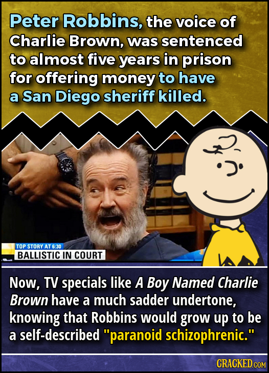 Peter Robbins, the voice of Charlie Brown, was sentenced to almost five years in prison for offering money to have a San Diego sheriff killed. TOP STO