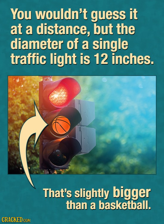 You wouldn't guess it at a distance, but the diameter of a single traffic light is 12 inches. That's slightly bigger than a basketball.