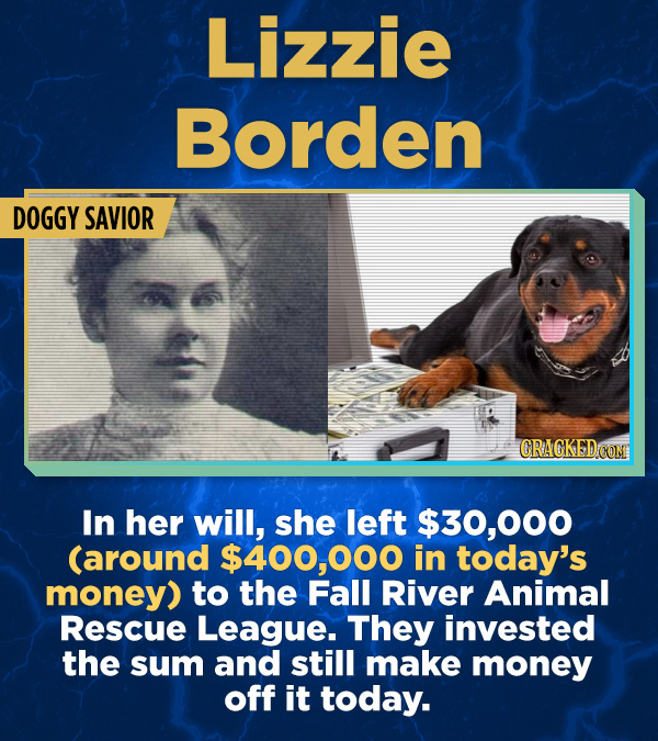 17 Surprising (True) Facts About Awful People - In her will, she left $30,000 (around $400,000 in today’s money) to the Fall River Animal Rescue Leagu