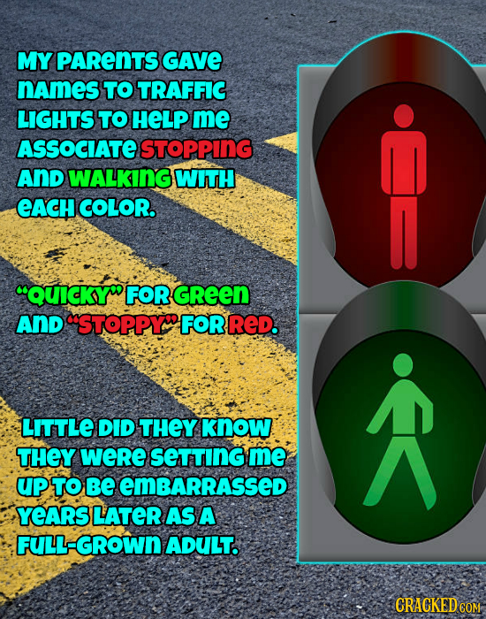 MY PARENTS GAVE names TO TRAFFIC LIGHTS TO HELP me ASSOCIATE STOPPING AND WALKING WITH eACH COLOR. QUICKYW FOR GREEN AND STOPPY FORRED. A LITTLE DID