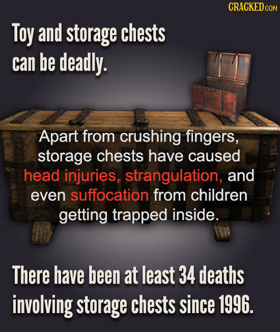 CRACKED.COM Toy and storage chests can be deadly. Apart from crushing fingers, storage chests have caused head injuries, strangulation, and even suffo