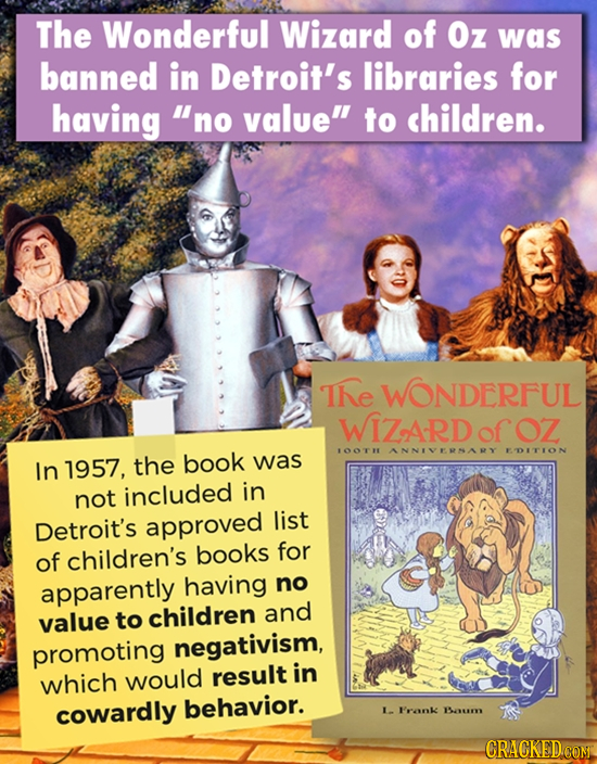 The Wonderful Wizard of Oz was banned in Detroit's libraries for having no value to children. TNE WONDERFUL WIZARD ofOZ LOOTH ANNIVERNARY FOITION In