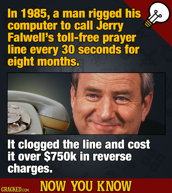 In 1985, a man rigged his computer to call Jerry Falwell's toll-free prayer line every 30 seconds for eight months. It clogged the line and cost it ov