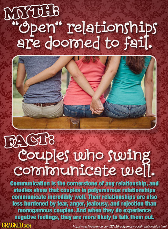MYTH8 open relationships are doorred to fait. FACT8 couples who sweing corrunicate well. Communication is the cornerstone of any relationship, and s