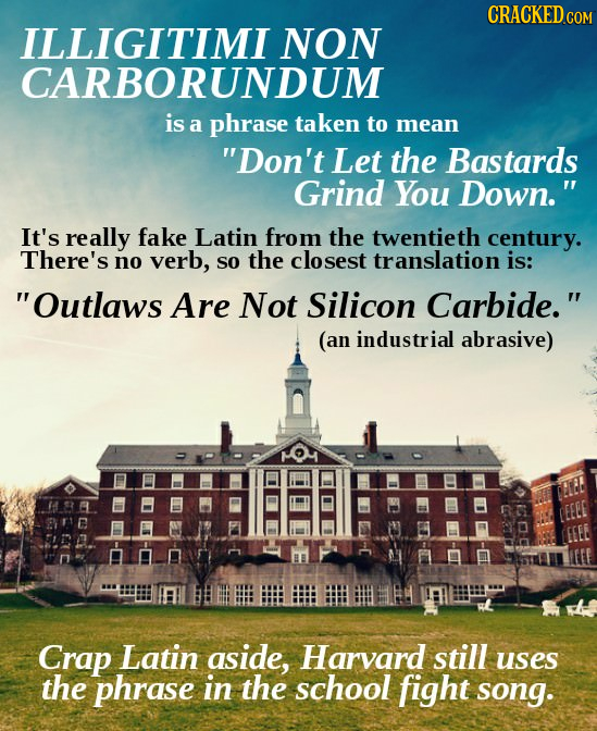 CRACKED.COM ILLIGITIMI NON CARBORUNDUM is a phrase taken to mean Don't Let the Bastards Grind You Down. It's really fake Latin from thE twentieth ce