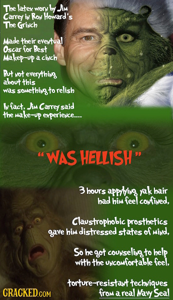 The latex wonv by Iim Carrey in Ron Howard's The Grinch Made their eveytual Oscar for Best Makep-up a cinch But Not everything about this was somethin