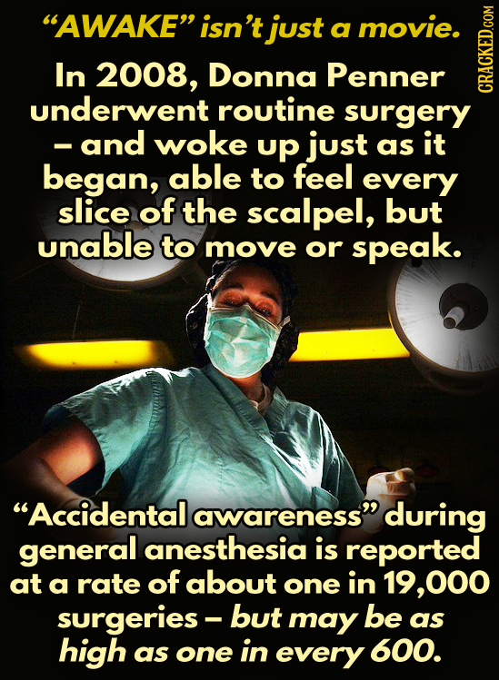 AWAKE isn't just a movie. In 2008, Donna Penner underwent routine CRAUN surgery -and woke up just as it began, able to feel every slice of the scalp