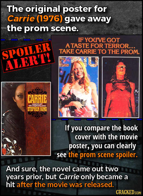 The original poster for Carrie (1976) gave away the prom scene. IF YOUI'VE GOT ATASTE FOR TERROR... SPOILER TAKE CARRIE TO THE PROM. ALERT! CARRIE ant
