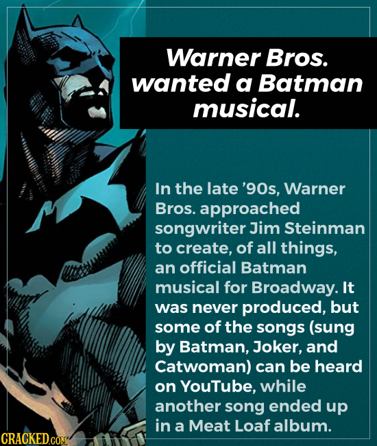 Warner Bros. wanted a Batman musical. In the late '90s, Warner Bros. approached songwriter Jim Steinman to create, of all things, an official Batman m