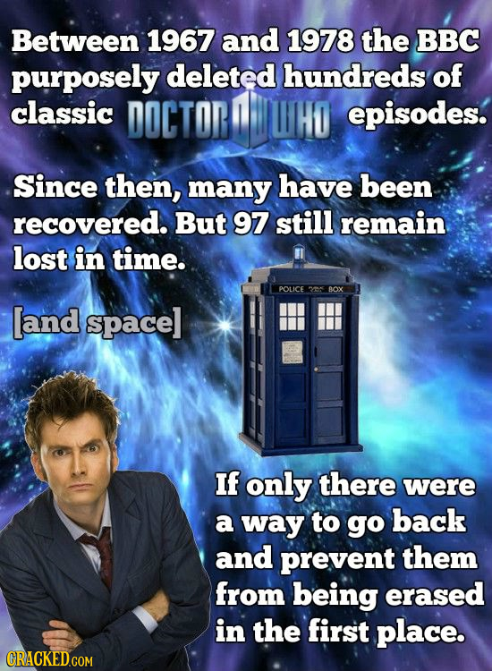 Between 1967 and 1978 the BBC purposely deleted hundreds of classic DOCTOR episodes. Since then, many have been recovered. But 97 still remain lost in