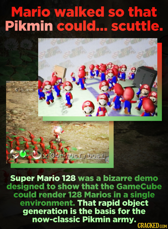 Mario walked SO that Pikmin could... scuttle. 07050050 Super Mario 128 was a bizarre demo designed to show that the Gamecube could render 128 Marios i