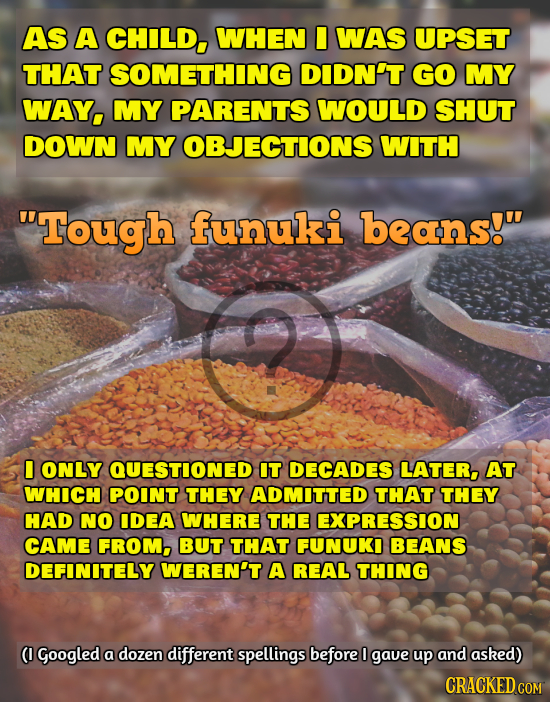 AS A CHILD, WHEN I WAS UPSET THAT SOMETHING DIDN'T GO MY WAY, MY PARENTS WOULD SHUT DOWN MY OBJECTIONS WITH Tough funuki beans! I ONLY QUESTIONED IT