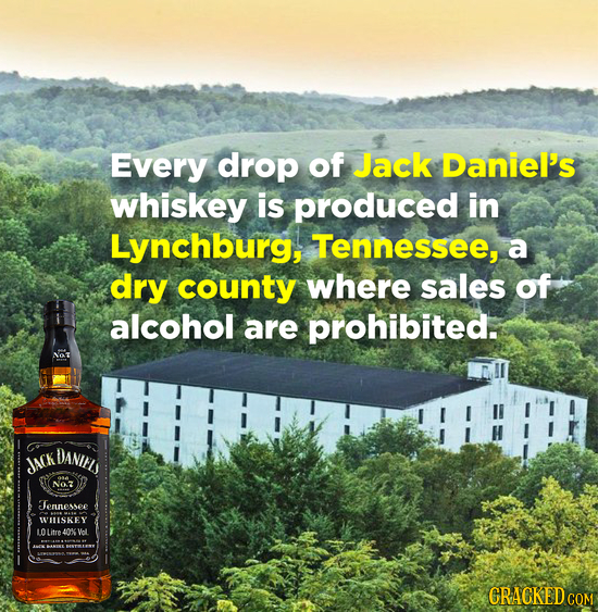 Every drop of Jack Daniel's whiskey is produced in Lynchburg, Tennessee, a dry county where sales of alcohol are prohibited. DANIEL JACK NO.7 Termesse