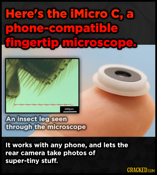 Here's the iMicro C, a phone-compatible fingertip microscope. 200um An insect leg seen through the microscope It works with any phone, and lets the re