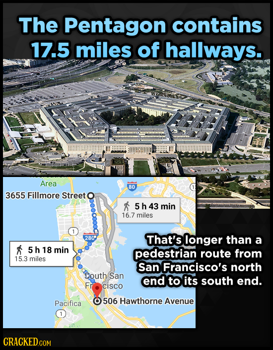 The Pentagon contains 17.5 miles of hallways. Area 80 3655 Fillmore Street A 43 min 16.7 miles 1 280 That's longer than a A 5h18 min pedestrian route