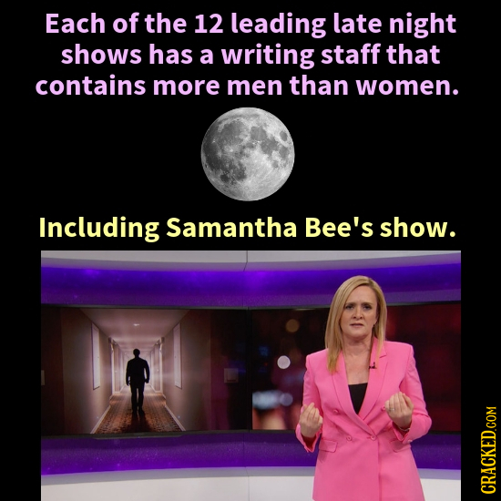 Each of the 12 leading late night shows has a writing staff that contains more men than women. Including Samantha Bee's show.