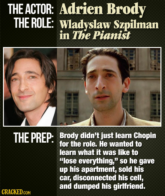 THE ACTOR: Adrien Brody THE ROLE: Wladyslaw Szpilman in The Pianist THE PREP: Brody didn't jUst learn Chopin for the role. He wanted to learn what it