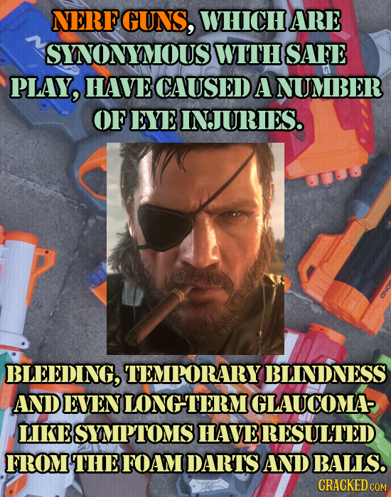 NERF GUNS, WHICHARE SNONYMOUS WITH SAFE PLAY, HAVE CAUSED A NUMBER OF EYE INJURIES. BLEEDING, TEMPORARY BLINDNESS AND EVEN LONGTERM IGLAUCOMA LIKE sYM