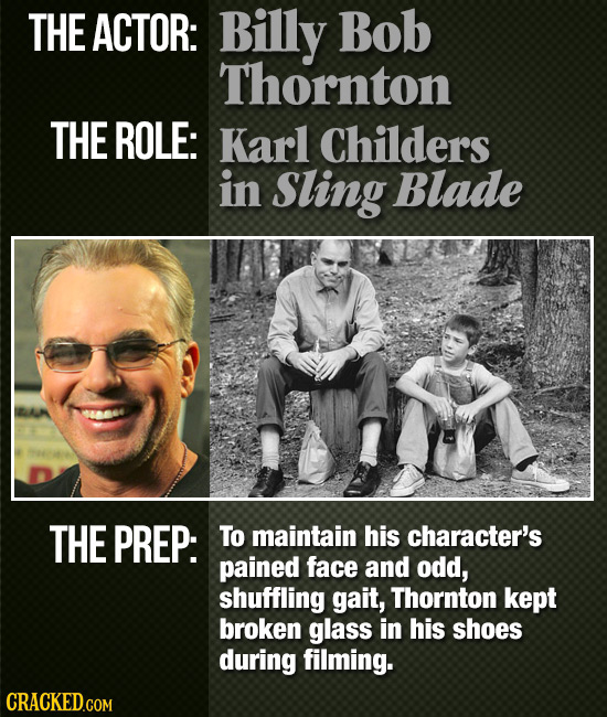 THE ACTOR: Billy Bob Thornton THE ROLE: Karl Childers in Sling Blade THE PREP: To maintain his character's pained face and odd, shuffling gait, Thornt